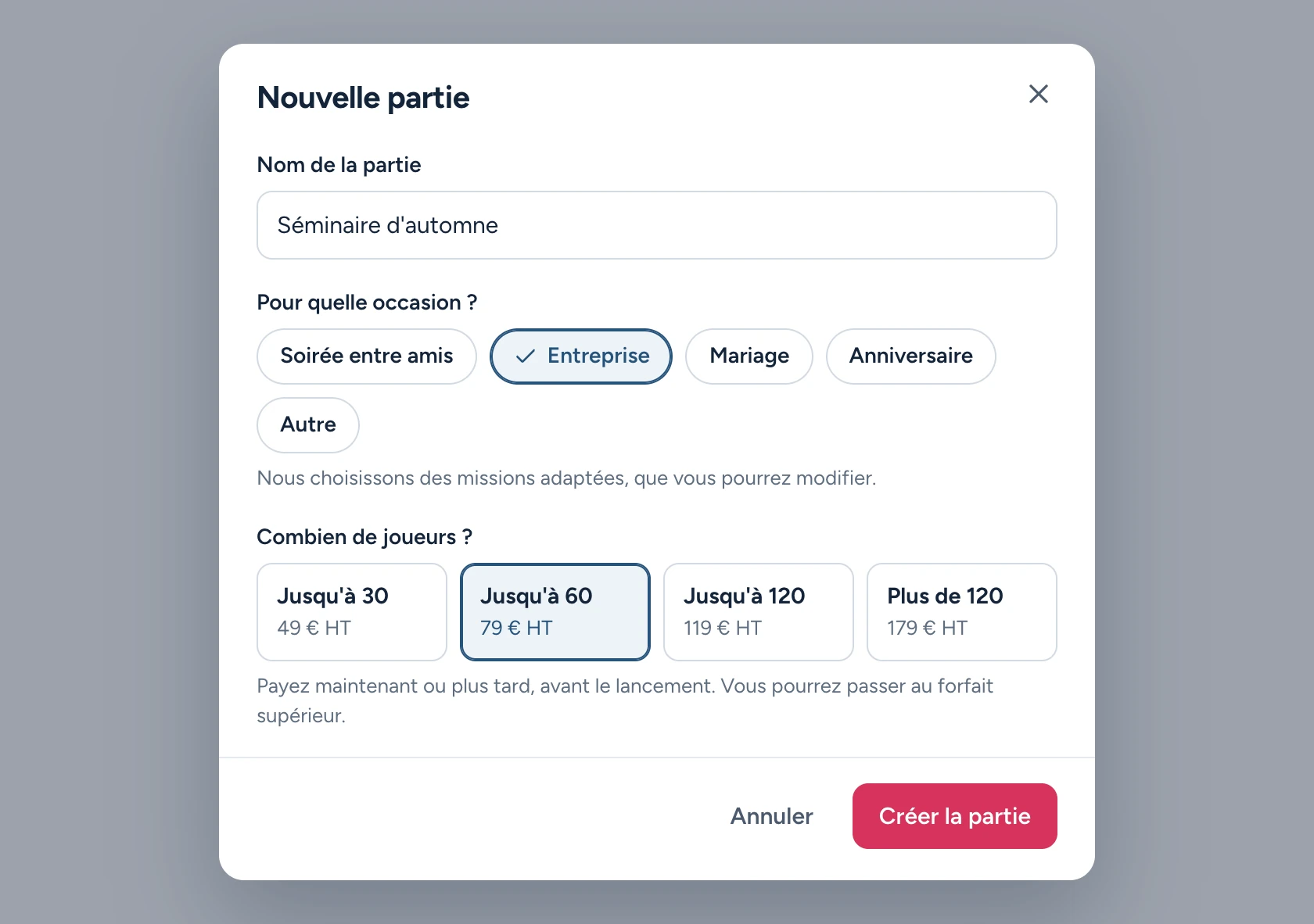 La fenêtre « Nouvelle partie »