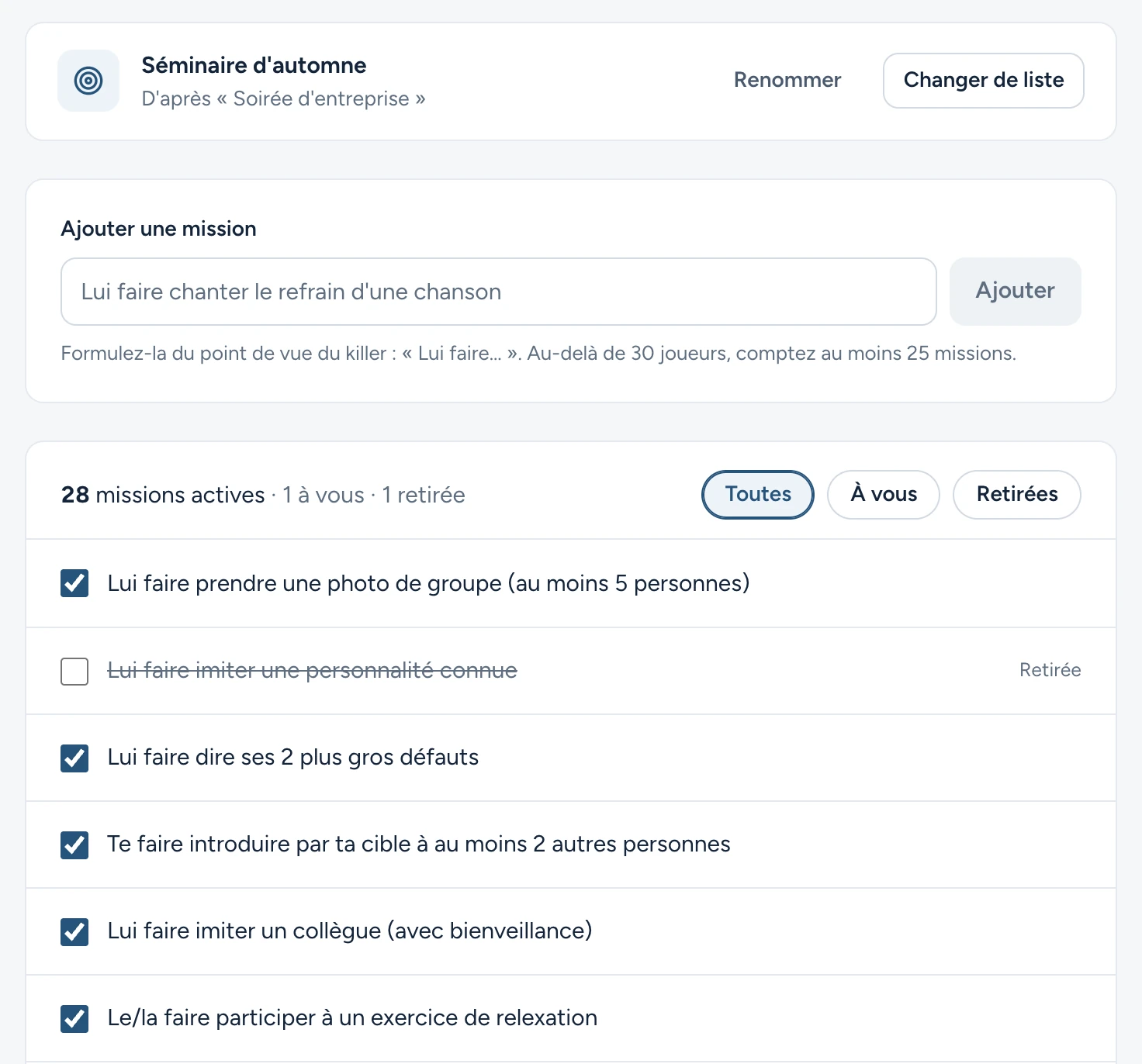 Les missions de la partie